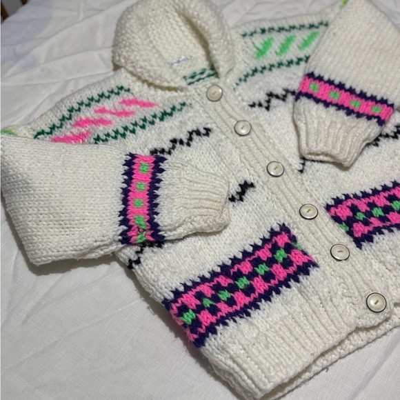 Vintage Cozy Knit Kids Sweater - Cream with Pink and Green Accents - Picture 3 of 9